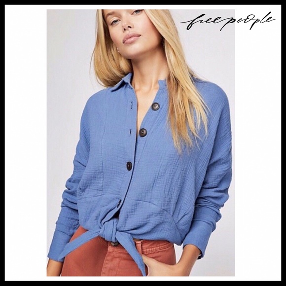 FREE PEOPLE BUTTON DOWN SHIRT TIE CROP TOP A2C - Picture 2 of 16